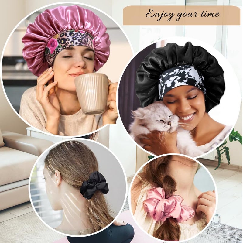 Heniho 3+3 Large Satin Bonnets with Scrunchies for Women, Wide Band Hair Bonnet for Sleeping Braids Curly Hair, D - Image 5