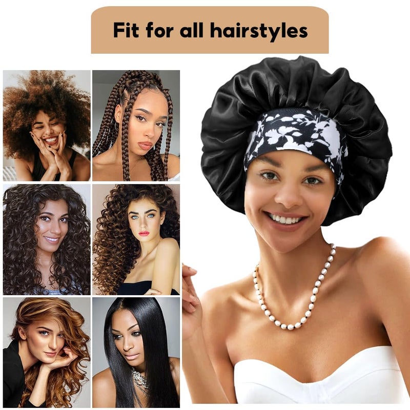 Heniho 3+3 Large Satin Bonnets with Scrunchies for Women, Wide Band Hair Bonnet for Sleeping Braids Curly Hair, D - Image 4