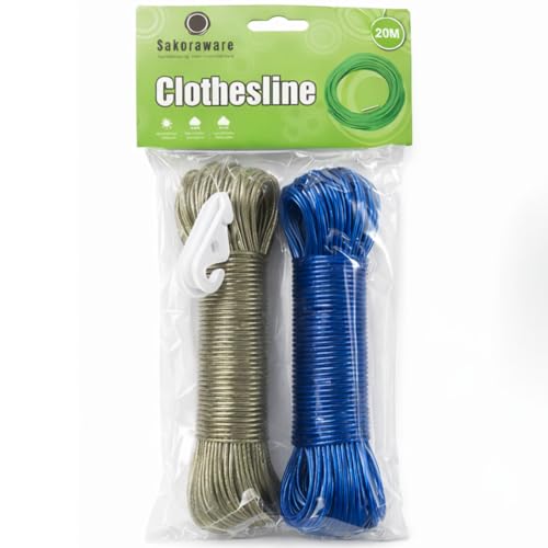 Sakoraware 20 Meter Cloth Drying Ropes PVC Coated Steel Anti-Rust Wire for Dry Clothes with Hook | Portable for Travel Heavy Duty Plastic Skipping Rope Clothesline (Set of 2, Multicolor) - Image 1