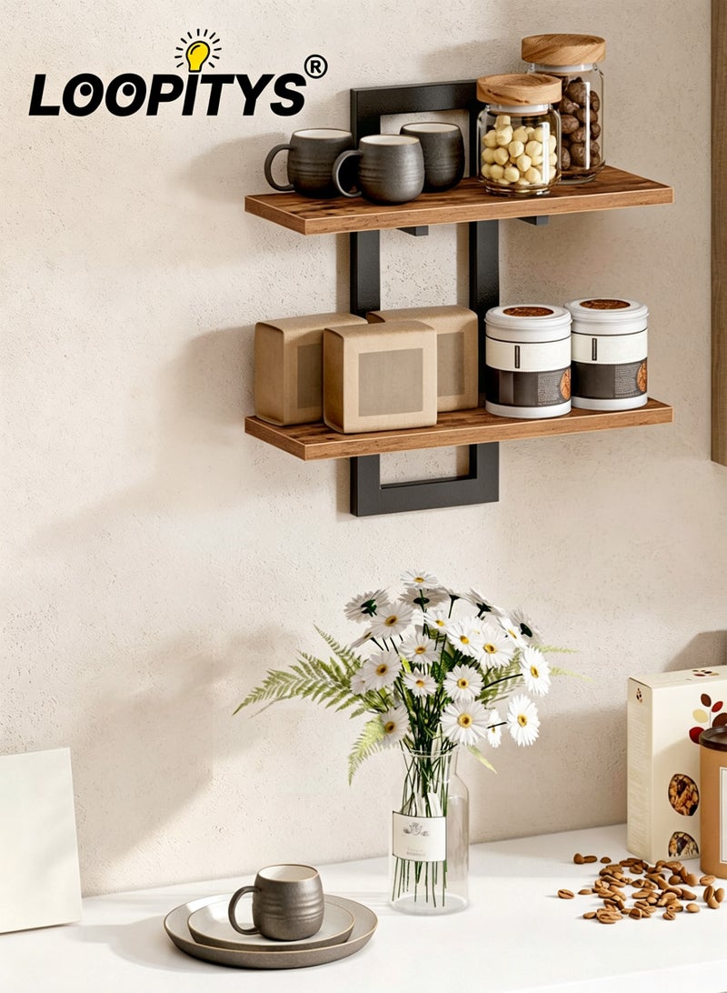 LOOPITYS Floating Shelves, 15 Inch Wall Shelf Set of 1, Wall Mounted Storage Shelves 2-Tier, Hanging Bathroom Shelves, for Living Room, Bedroom, Bathroom, Kitchen,  Brown - Image 1
