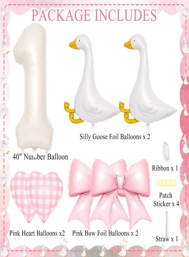 Kriyokiaa Silly Goose 1st Birthday Party Decorations - 7 Pcs Goose Balloons & Pink Bow Set - 40” Number Balloon, Pink Heart Bow Balloons for Baby Girls' First Birthday Party - Image 3