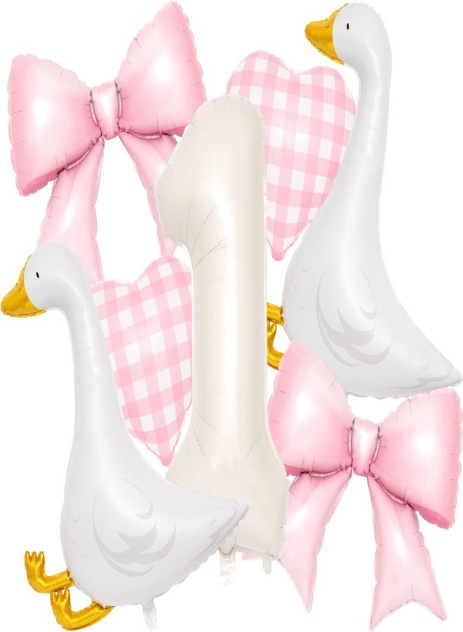Kriyokiaa Silly Goose 1st Birthday Party Decorations - 7 Pcs Goose Balloons & Pink Bow Set - 40” Number Balloon, Pink Heart Bow Balloons for Baby Girls' First Birthday Party - Image 1