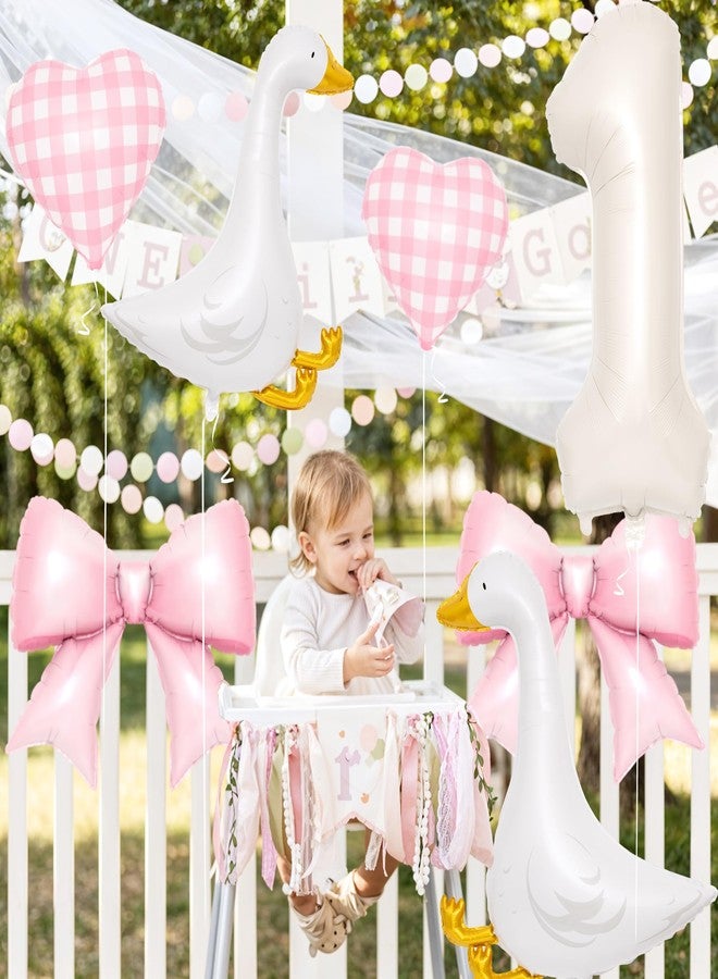 Kriyokiaa Silly Goose 1st Birthday Party Decorations - 7 Pcs Goose Balloons & Pink Bow Set - 40” Number Balloon, Pink Heart Bow Balloons for Baby Girls' First Birthday Party - Image 2
