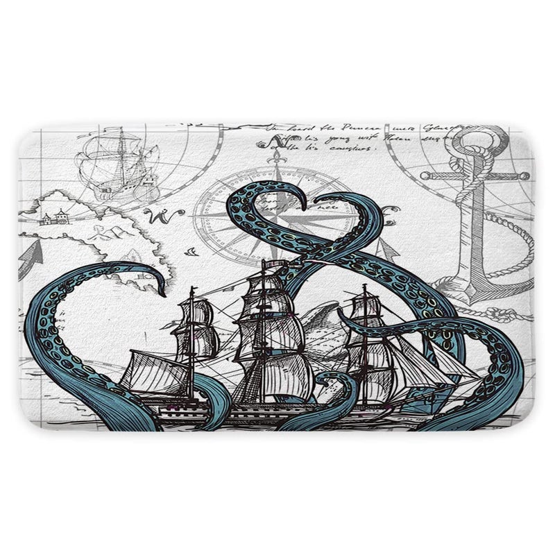 Uokiuki Nautical Bath Mat Kraken Octopus Bath Rug Non Slip Bathroom Rug Pirate Ship and Anchor Bathroom Decor 17x29 Inch