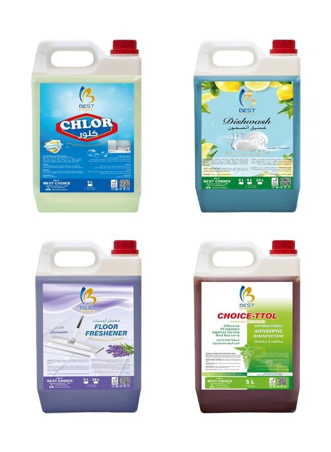 4-in-1 Cleaning Pack – Dish Wash, Antiseptic, Bleach, Floor Freshener - 5 L Each