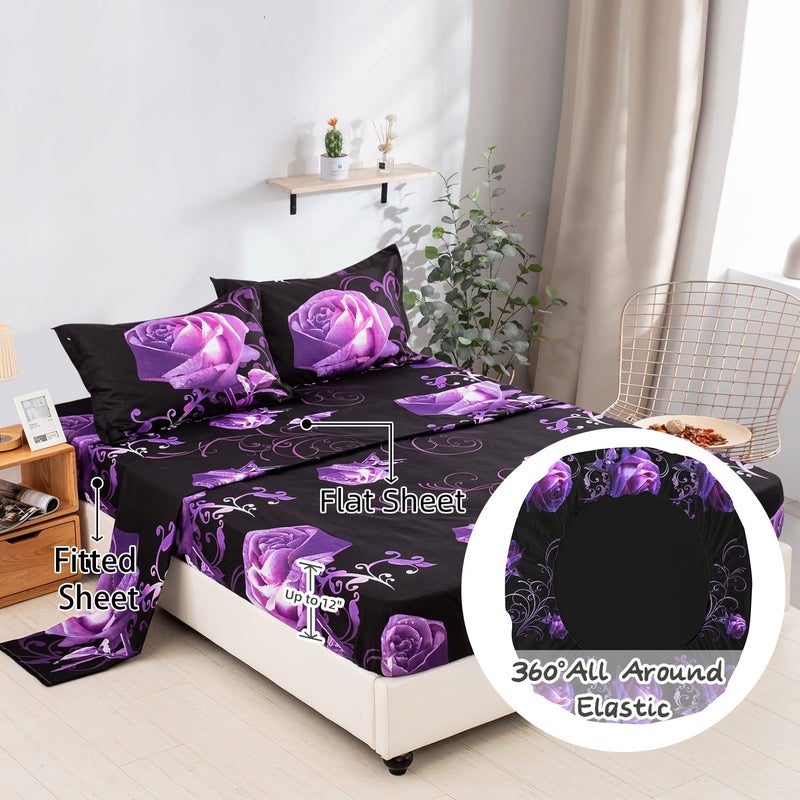 Xruibed Floral Comforter Set Queen 7 Piece Bed in a Bag Purple Rose Flower Comforter with Sheet Set Soft Micorfiber Bedding Set (1 Comforter 2 Pillow Shams 1 Flat Sheet 1 Fitted Sheet 2 Pillowcases) - Image 4
