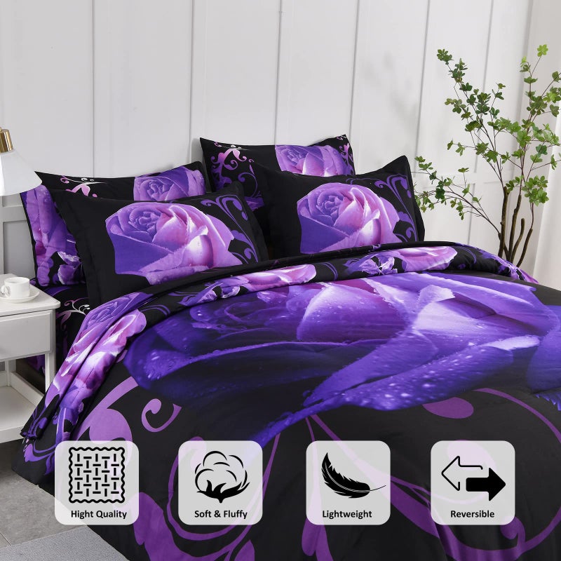 Xruibed Floral Comforter Set Queen 7 Piece Bed in a Bag Purple Rose Flower Comforter with Sheet Set Soft Micorfiber Bedding Set (1 Comforter 2 Pillow Shams 1 Flat Sheet 1 Fitted Sheet 2 Pillowcases) - Image 5