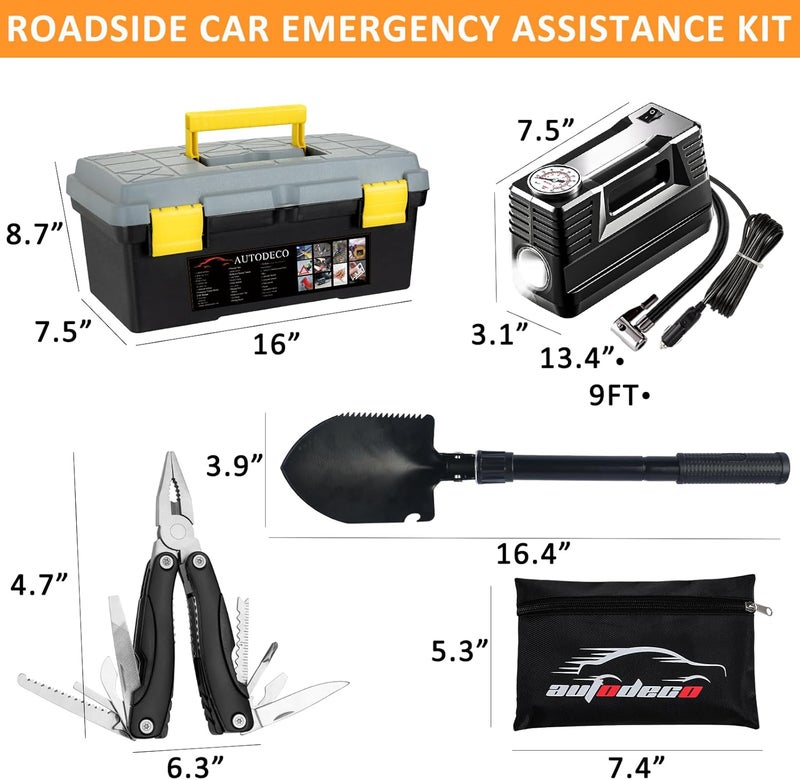 AUTODECO مجموعة أدوات المساعدة في حالات الطوارئ على جانب الطريق مكونة من 98 قطعة مع ضاغط هواء محمول وكابلات توصيل ومطرقة أمان وكماشة متعددة الاستخدامات (أسود) - Image 4