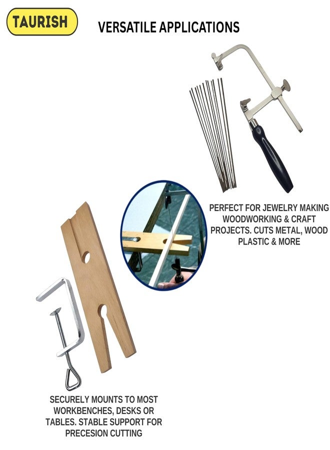 TAURISH 3-in-1 Professional Jeweler's Saw Kit - Adjustable Saw Frame, 144 Blades (Sizes 1/0-2), and V-Slot Wooden Bench Pin with Clamp - Jewelry Making, Wood, Metal and Craft Cutting Tool Set - Image 4
