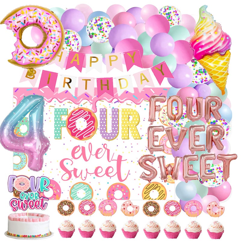 BEOXAGAR Four Ever Sweet Birthday Decorations, 4th Birthday Decorations Girl, Four Ever Sweet Balloon,Four Ever Sweet Birthday Party - Image 1