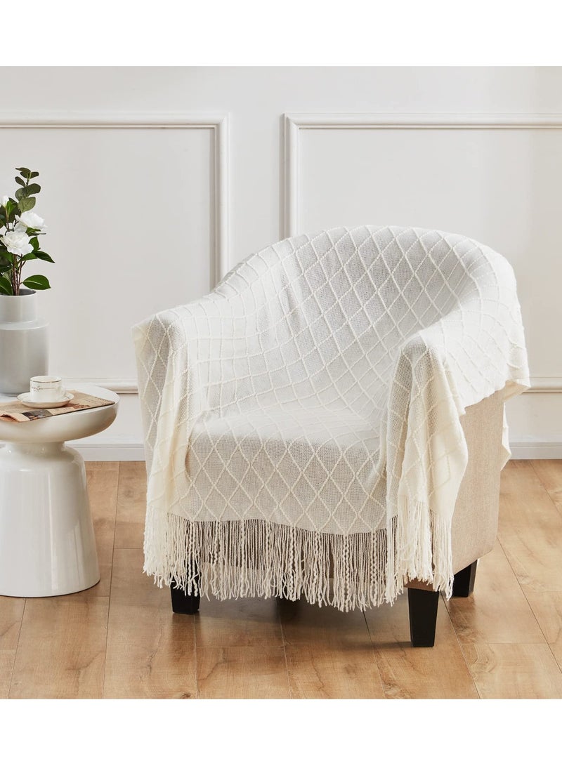 Zikra Sofa Decorative Blanket, Soft and Comfortable Knitted Blanket with Tassels for Sofa and Bed Diamond Shaped Coverlet Lightweight Decorative Bed End Blanket Nap Blanket (beige, 127x152cm) - Image 2