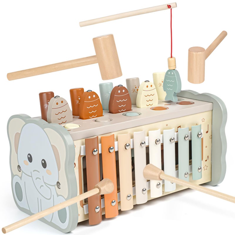 Joyreal Wooden Montessori Toys for 1 Year Old Hammering Pounding Toy with Xylophone Fishing Game Educational Toddler Activities for 1 2 3 Year Old Christmas Birthday Gifts - Image 3