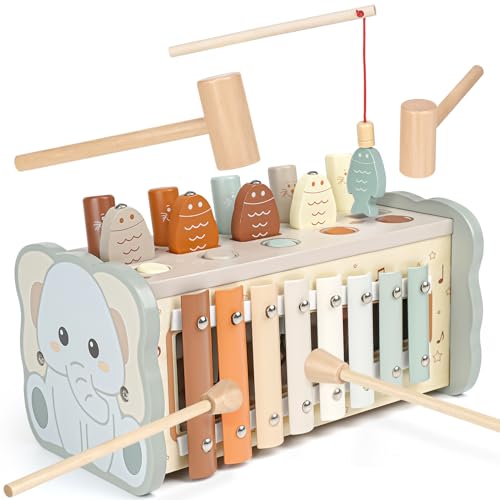 Joyreal Wooden Montessori Toys for 1 Year Old Hammering Pounding Toy with Xylophone Fishing Game Educational Toddler Activities for 1 2 3 Year Old Christmas Birthday Gifts - Image 1
