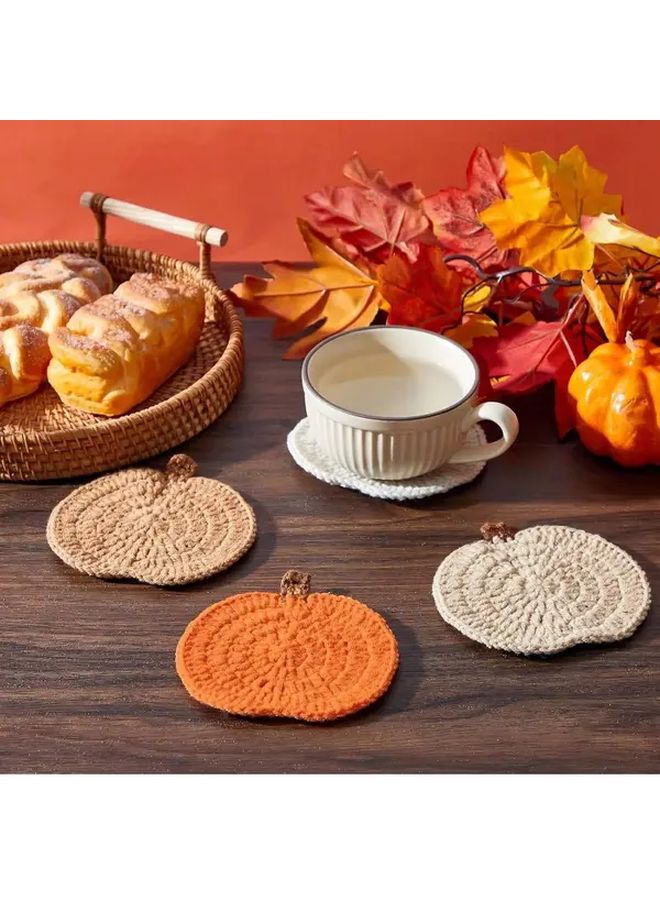 Orange Pumpkin Crochet Coasters 4PCS Absorbent Fall Halloween Thanksgiving Table Decor - Image 2