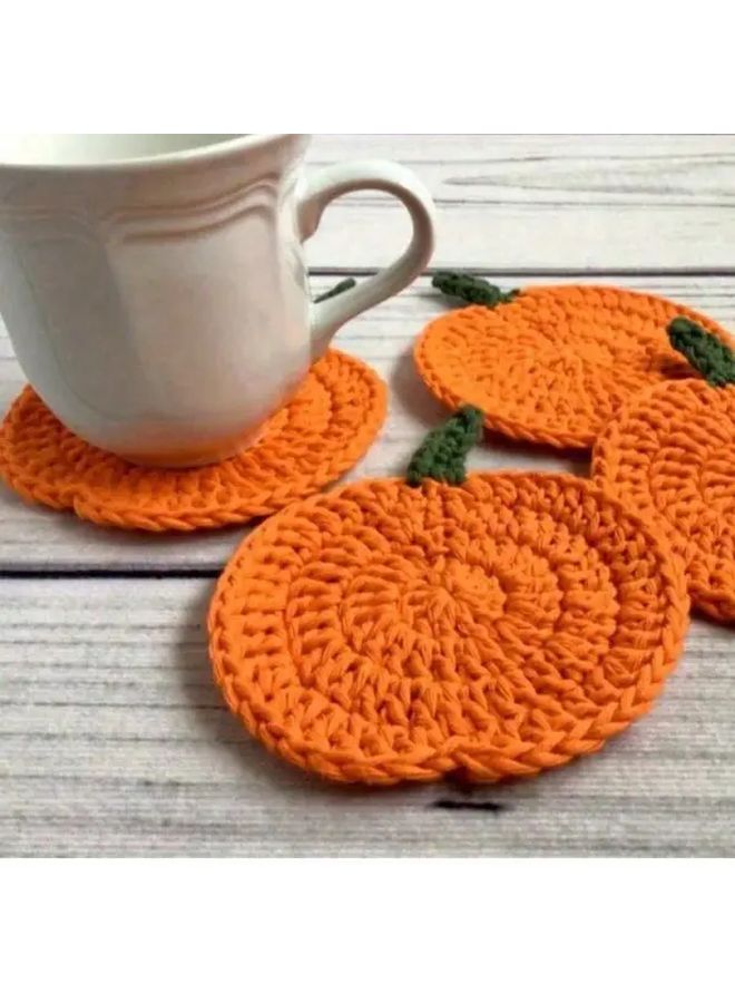 Orange Pumpkin Crochet Coasters 4PCS Absorbent Fall Halloween Thanksgiving Table Decor - Image 4