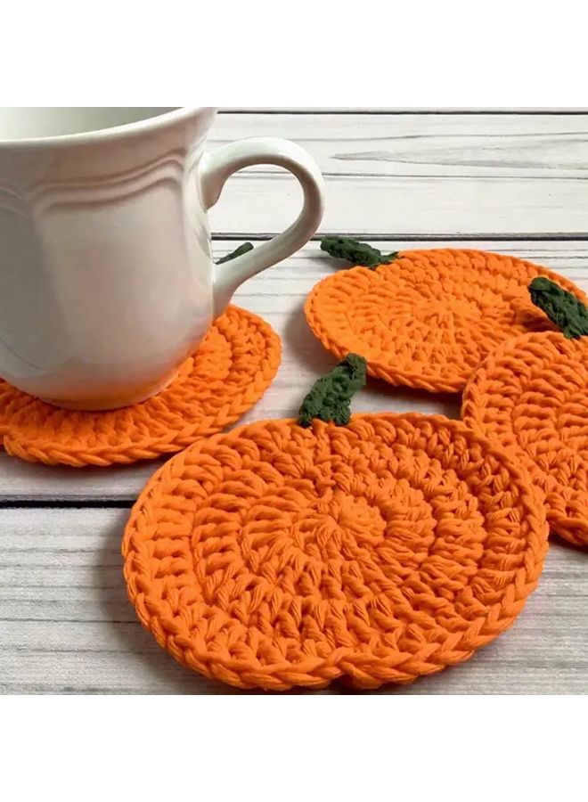 Orange Pumpkin Crochet Coasters 4PCS Absorbent Fall Halloween Thanksgiving Table Decor - Image 1