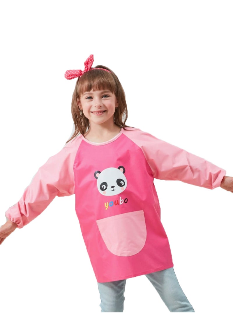 Kids Aprons for Painting, Kids Apron with Pockets for Boys and Girls, Waterproof Kids Paint Smock Long Sleeve Artist Apron for Painting, Cooking, Baking, Gardening (Rose Pink Panda）