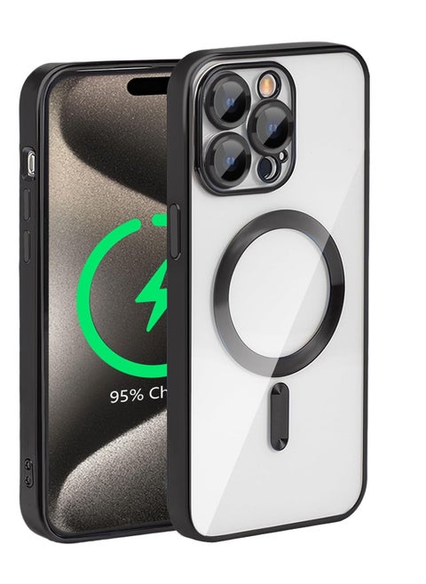 for iPhone 15 Pro Magnetic Clear Case, Compatible with MagSafe, Built-in Camera Lens Protector, Luxury Plating Soft TPU Shockproof Slim Thin Fit Back Cover iPhone 15 Pro 6.1'' - Black