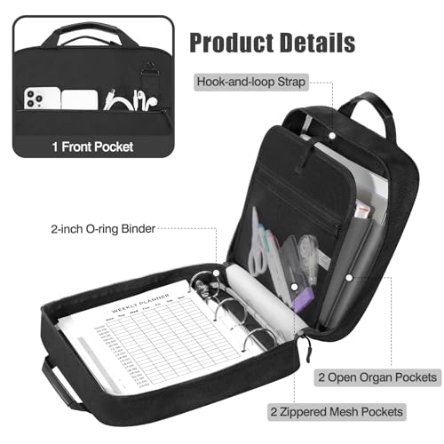 MoKo Zipper Binder, 2 Inch 3 Ring Binder with 500 Sheets Capacity & Shoulder Strap & Handle, Multi-Pocket Zipper Organizer for Middle School, Black - Image 3
