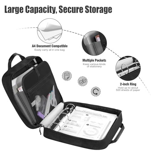 MoKo Zipper Binder, 2 Inch 3 Ring Binder with 500 Sheets Capacity & Shoulder Strap & Handle, Multi-Pocket Zipper Organizer for Middle School, Black - Image 2