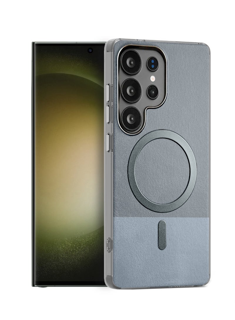 Wtech Samsung Galaxy S23 Ultra 5G 2023 Premium Stylish Metallic Textured Leather Magsafe Ring Case Cover (MCMPMN) - Grey