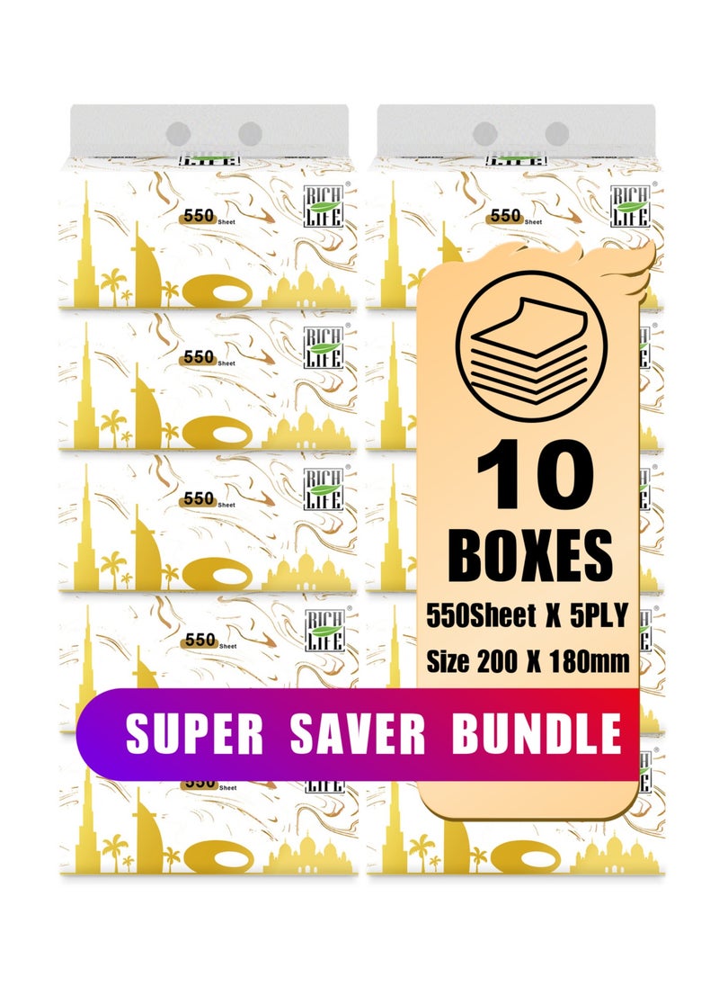 Rich Life Facial Tissue - Premium Quality 5-Ply - 550 Sheets | 10 Value Packs | Soft, Durable & Moisture Proof | 100% Raw Wood Pulp - Ideal for Wet & Dry | Available in 5 to 40 Packs  - Image 1