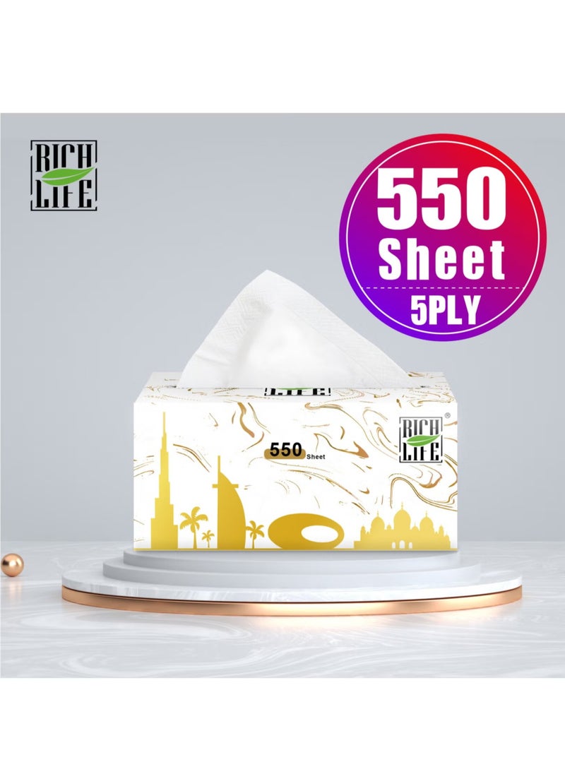 Rich Life Facial Tissue - Premium Quality 5-Ply - 550 Sheets | 10 Value Packs | Soft, Durable & Moisture Proof | 100% Raw Wood Pulp - Ideal for Wet & Dry | Available in 5 to 40 Packs  - Image 2
