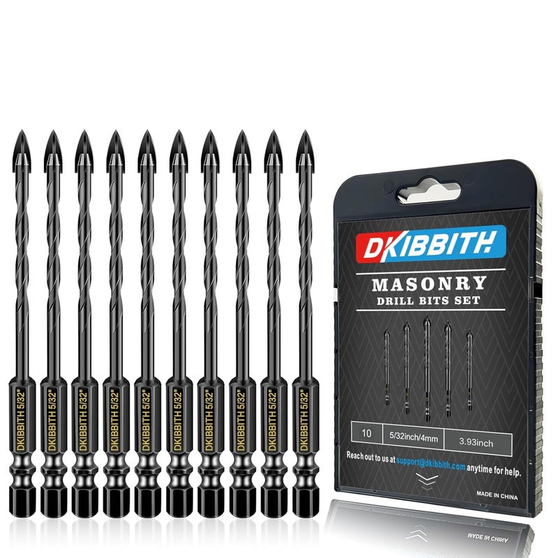DKIBBITH 10 Pcs 5/32" Masonry Concrete Drill Bit Set for Tile Brick Glass Plastic Wood, Cross Tungsten Carbide Tip, Hex Shank, Work with Ceramic Porcelain Tile Wall Mirror Paver, 5/32 Inch Drill Bits,4mm - Image 1