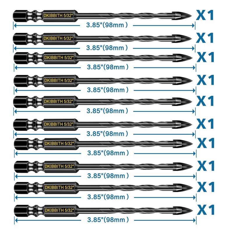 DKIBBITH 10 Pcs 5/32" Masonry Concrete Drill Bit Set for Tile Brick Glass Plastic Wood, Cross Tungsten Carbide Tip, Hex Shank, Work with Ceramic Porcelain Tile Wall Mirror Paver, 5/32 Inch Drill Bits,4mm - Image 2