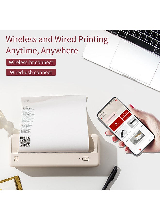 MT810 A4 Portable Paper Printer Thermal Printing Wireless BT Connect Compatible with iOS and Android Mobile Photo Printer Support 210mm/110mm with 1 A4 ThermaL Paper Roll