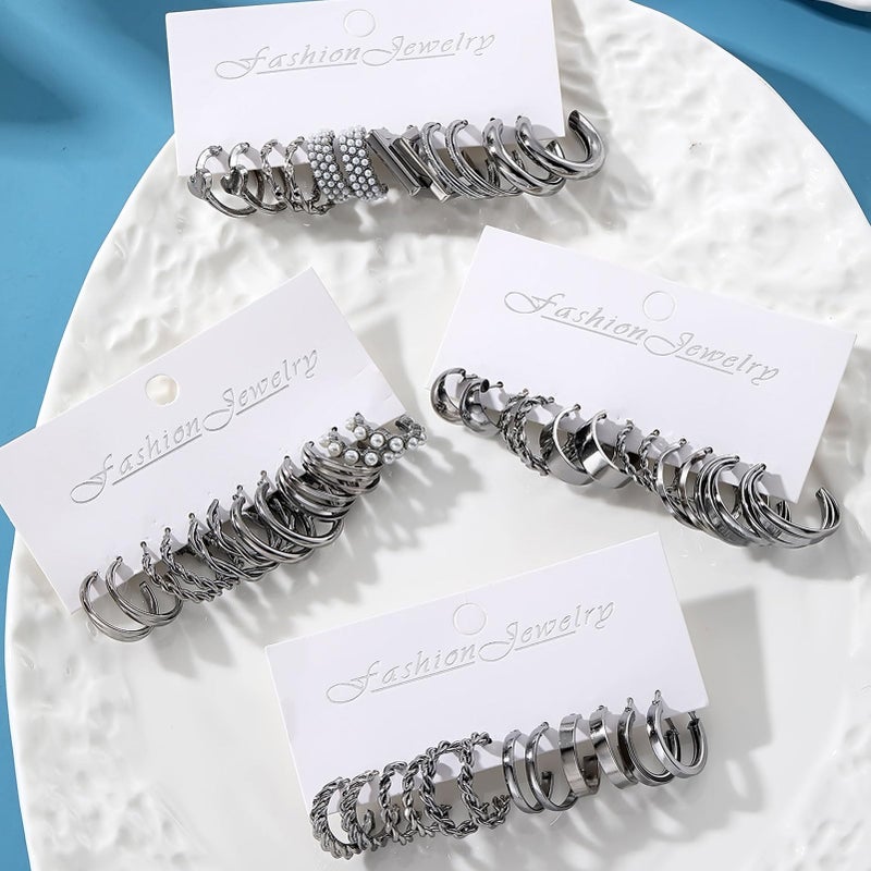 17IF 24 Pairs Black Silver Earring Set For Women, Chunky Earring Multipack Punk Trendy Big Small Stud Hoop Earring Lightweight Twisted Pearl Ear Pack For Daily Birthday Party Gift - Image 5