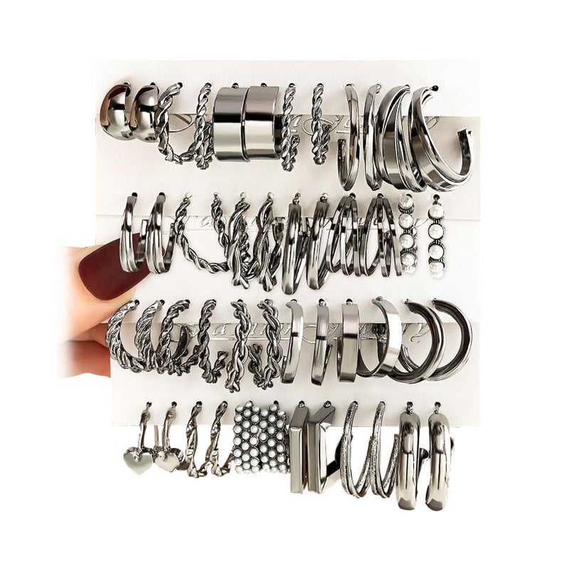 17IF 24 Pairs Black Silver Earring Set For Women, Chunky Earring Multipack Punk Trendy Big Small Stud Hoop Earring Lightweight Twisted Pearl Ear Pack For Daily Birthday Party Gift - Image 1