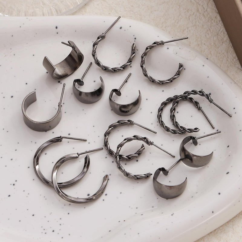 17IF 24 Pairs Black Silver Earring Set For Women, Chunky Earring Multipack Punk Trendy Big Small Stud Hoop Earring Lightweight Twisted Pearl Ear Pack For Daily Birthday Party Gift - Image 3