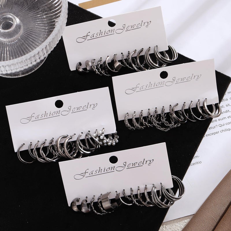 17IF 24 Pairs Black Silver Earring Set For Women, Chunky Earring Multipack Punk Trendy Big Small Stud Hoop Earring Lightweight Twisted Pearl Ear Pack For Daily Birthday Party Gift - Image 2