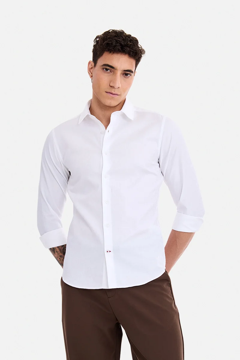 سنيتش White Geometric Long Sleeve Slim Fit Formal Shirt