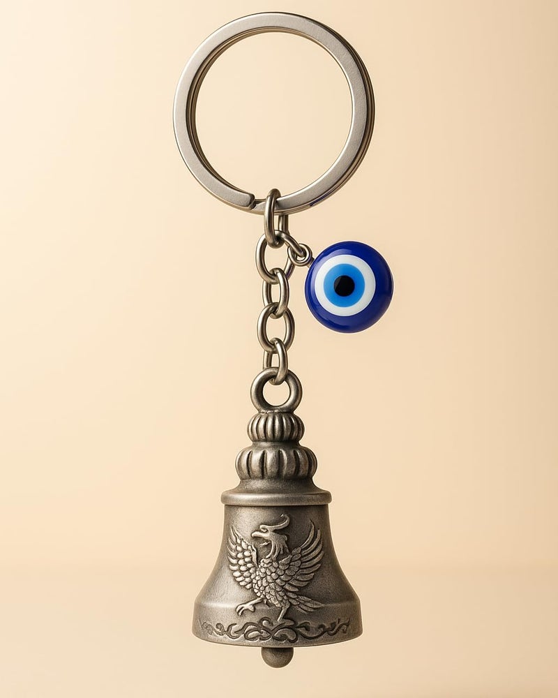 Tiny Tim Store Guardian Bell with Evil Eye Charm – Protective Motorcycle & Car Accessory – Tibetan-Inspired Design – Wards Off Negative Energy – Ideal Gift for Bikers & Travelers - Image 1