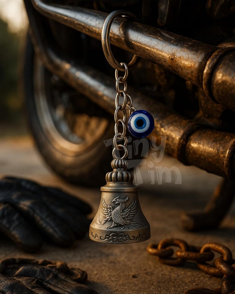 Tiny Tim Store Guardian Bell with Evil Eye Charm – Protective Motorcycle & Car Accessory – Tibetan-Inspired Design – Wards Off Negative Energy – Ideal Gift for Bikers & Travelers - Image 3