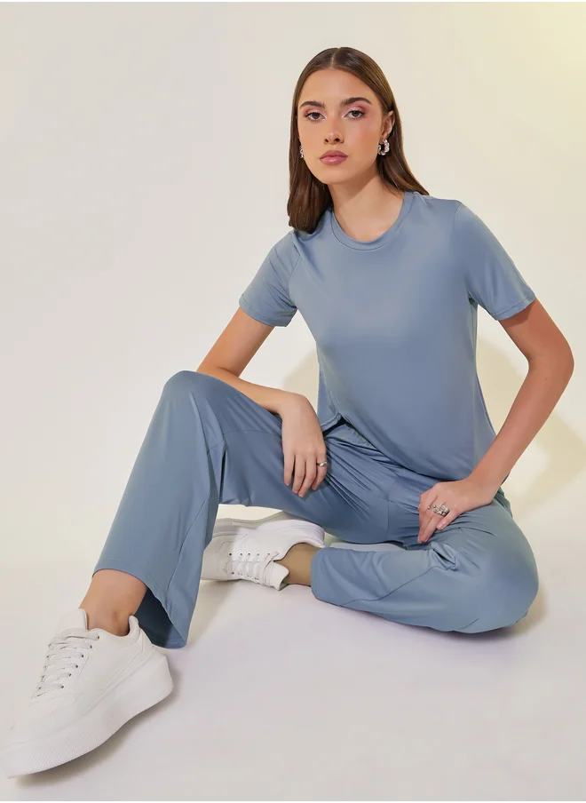 Styli Asymmetrical Hem Short Sleeve T-Shirt and Pants Co-Ords