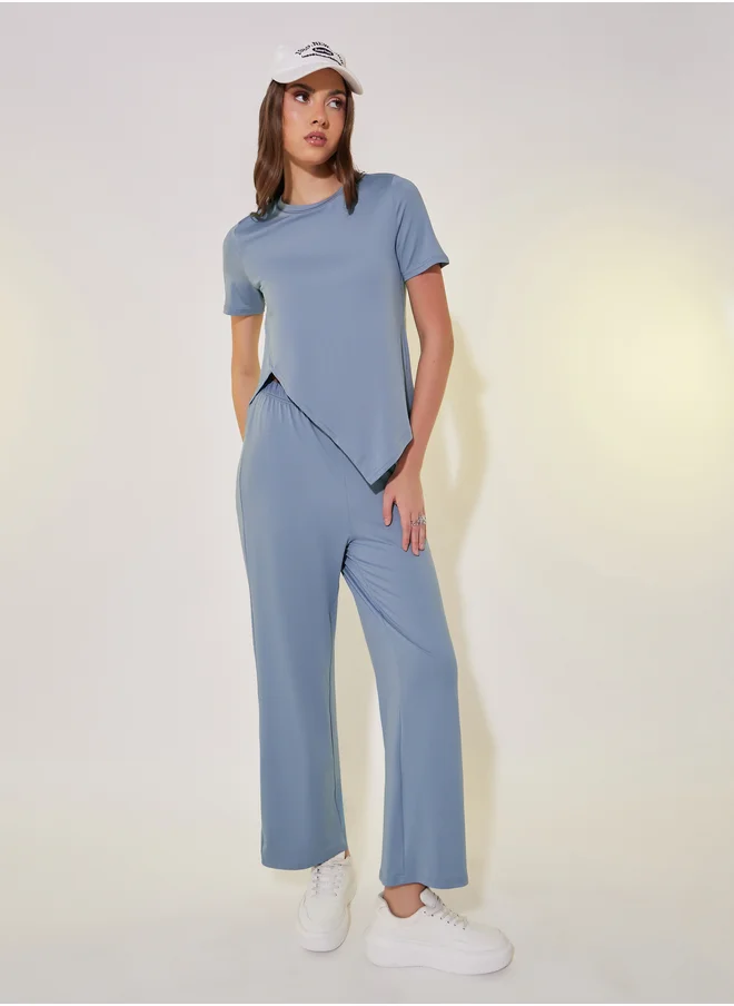 Styli Asymmetrical Hem Short Sleeve T-Shirt and Pants Co-Ords