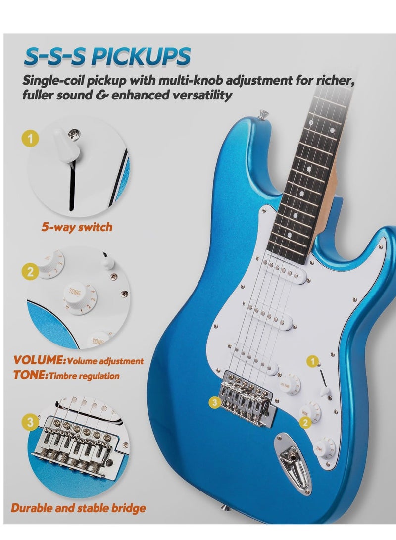 Mike Music 39 Inch Electric Guitar, Full Size Electric Guitar, Beginner Guitar, Solid Body 39" Blue Guitar for Starter, Guitar for Rock Pop Jazz Music with Bag, Strap, Strings, Cable, Picks Beginner Kit Ideal Holiday Birthday Gifts  - Image 4