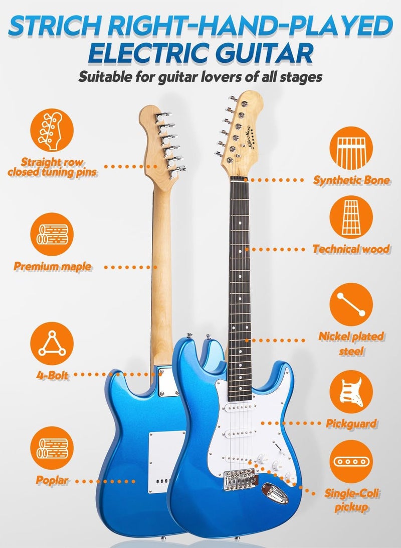 Mike Music 39 Inch Electric Guitar, Full Size Electric Guitar, Beginner Guitar, Solid Body 39" Blue Guitar for Starter, Guitar for Rock Pop Jazz Music with Bag, Strap, Strings, Cable, Picks Beginner Kit Ideal Holiday Birthday Gifts  - Image 3