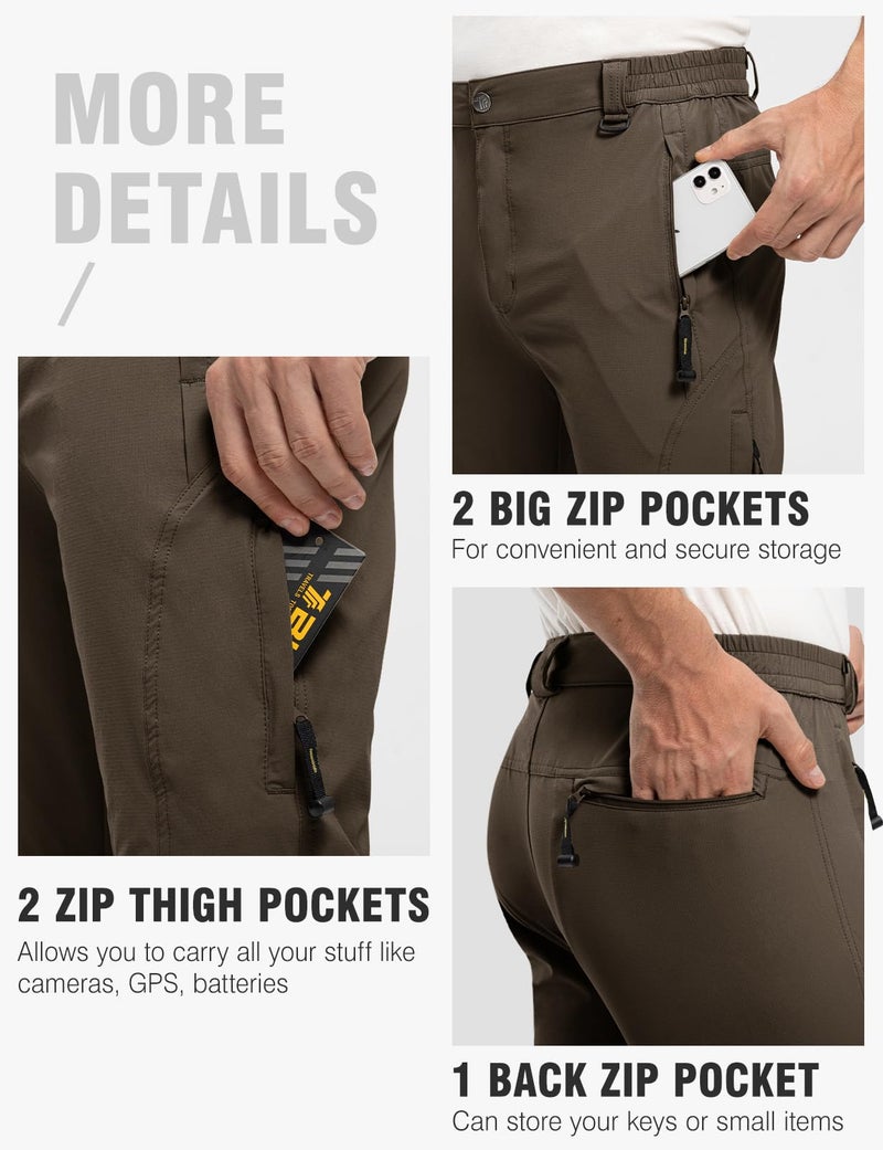 TBMPOY Men's Lightweight Hiking Pants with Belt 5 Zip Pockets Waterproof Quick-Dry Travel Fishing Work Outdoor Pants Thin Brown XL - Image 5