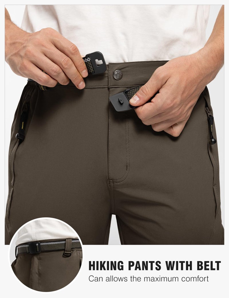 TBMPOY Men's Lightweight Hiking Pants with Belt 5 Zip Pockets Waterproof Quick-Dry Travel Fishing Work Outdoor Pants Thin Brown XL - Image 4