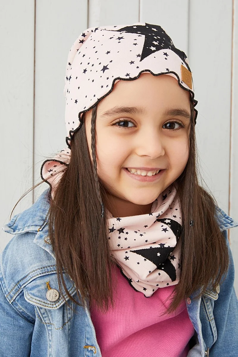 Babygiz Powder Black Kids Baby Beanie Neck Collar Set Soft 100% Cotton Combed Cotton Star Series
