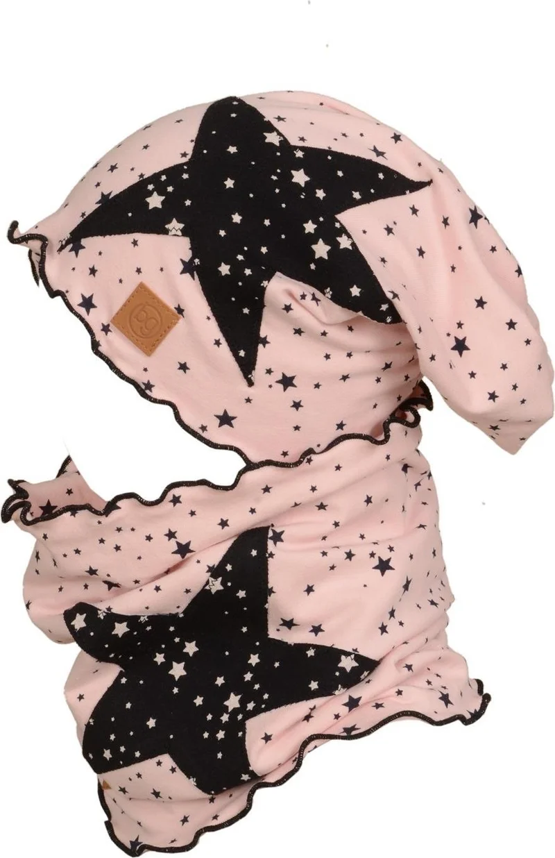 Babygiz Powder Black Kids Baby Beanie Neck Collar Set Soft 100% Cotton Combed Cotton Star Series