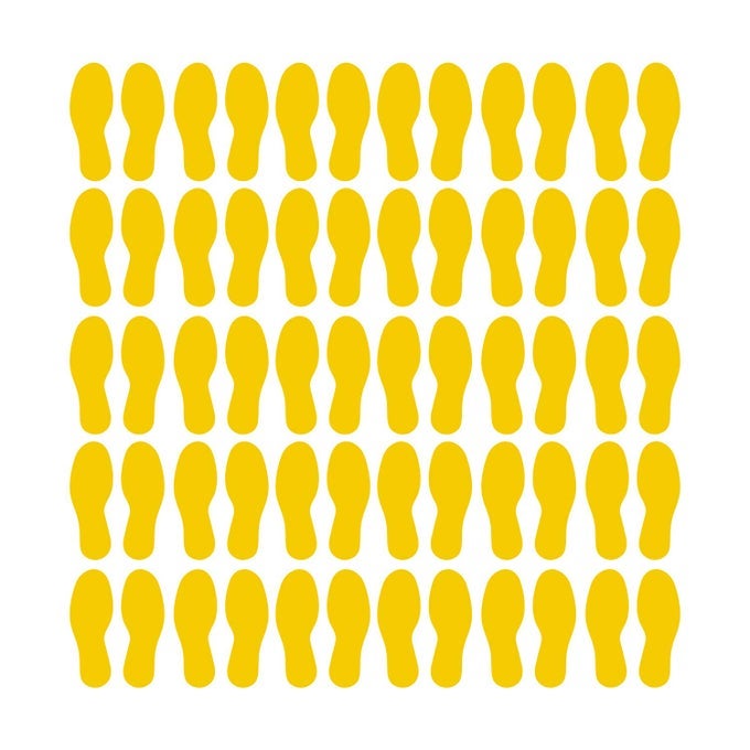 DURABLE GLOSS FINISH YELLOW 9 INCH MEDIUM SIZE FOOTPRINT DECAL VINYL STICKERS GREAT FOR FLOORS CEILINGS WALLS AND MOST SMOOTH SURFACES PACK OF 60 FOOTPRINTS 30 PAIRS