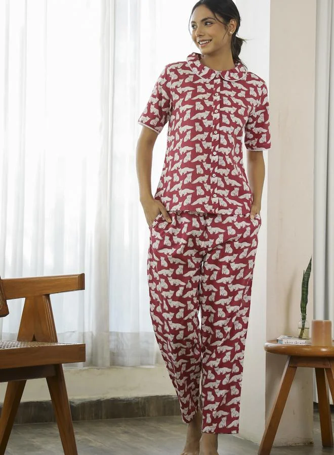sanskrutihomes Magenta Graphic Print Cotton Shirt and Pyjama Set