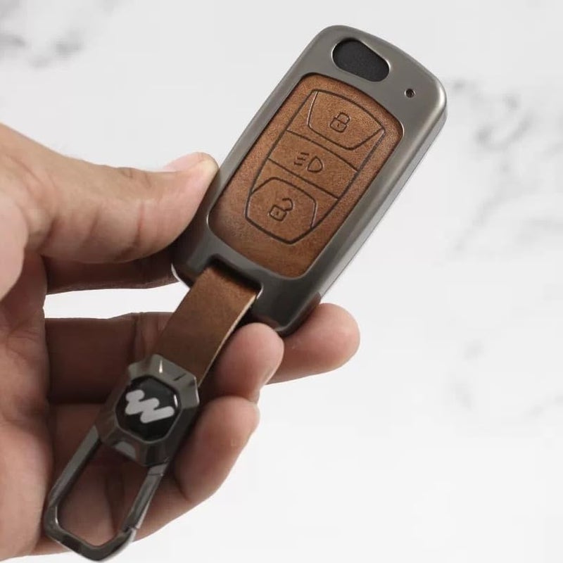 Carloginn Metal Alloy Leather Key case for TATA 3 Button Flip Key (TAN) - Image 1