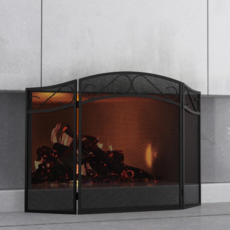 إسكدنيا Fireplace Screen for Wood Burning Fireplace Foldable 3 Panel Wrought Iron Fireplace Cover with Protective Mesh Fire Spark Guard for Indoor Outdoor Flat Guard Fire Screens Black(Large) - Image 1