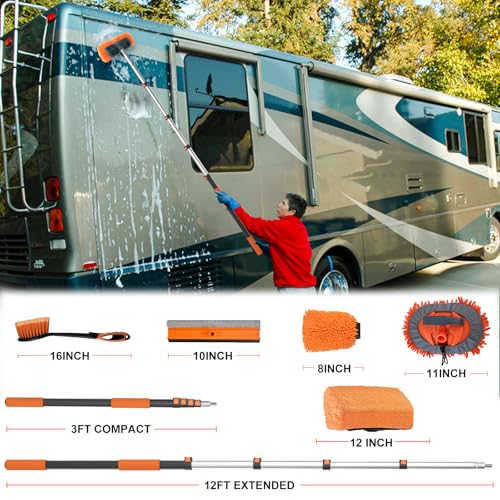 Buyplus 18FT Reach Car Wash Brush with Long Handle Car Cleaning Kit with 312FT Extension Pole Wheel Brush Microfiber Cleaning Mop Mitt Window Squeegee for RV Truck SUV Boat Solar Pane Washing - Image 3